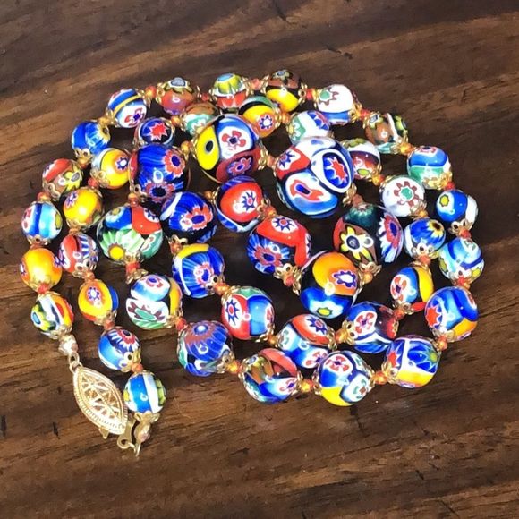 VINTAGE Graduated Millefiori Italian Hand Blown Glass Bead Necklace 24” - Picture 12 of 15